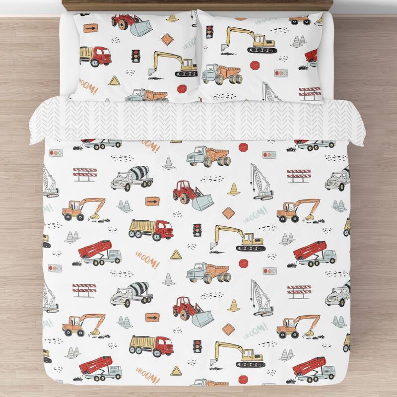 Sweet Jojo Designs Construction Truck Boy 3pc Full/Queen Comforter Set - Grey Yellow Orange Red and Blue Transportation