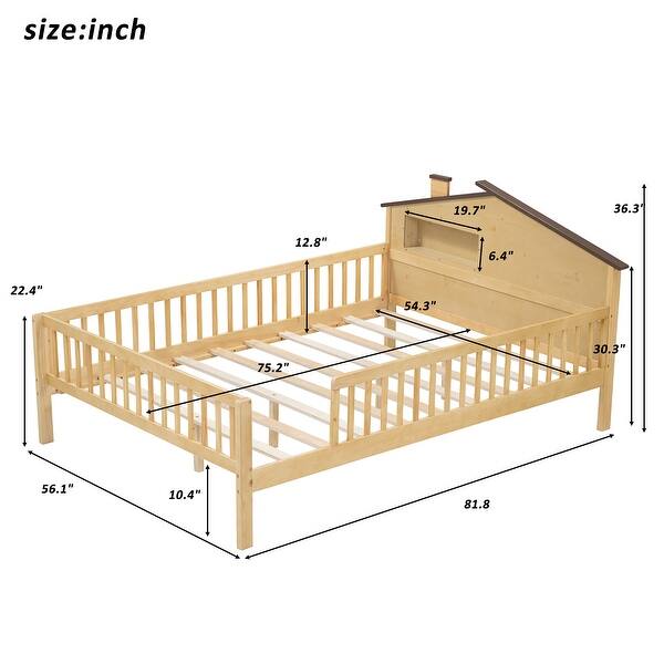 dimension image slide 1 of 4, Wood Platform Bed with House-shaped Headboard, LED and Built-in Storage