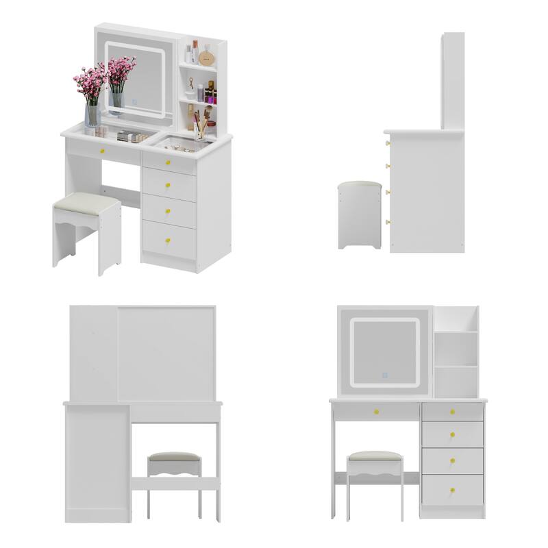 Vanity Desk Makeup Table Sliding Lighted Dressing Table Glass Top
