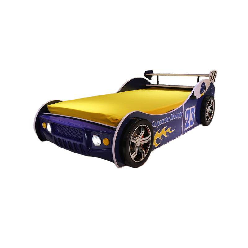 Race Car Twin Floor Bed with LED Headlights and Guardrails MDF Frame