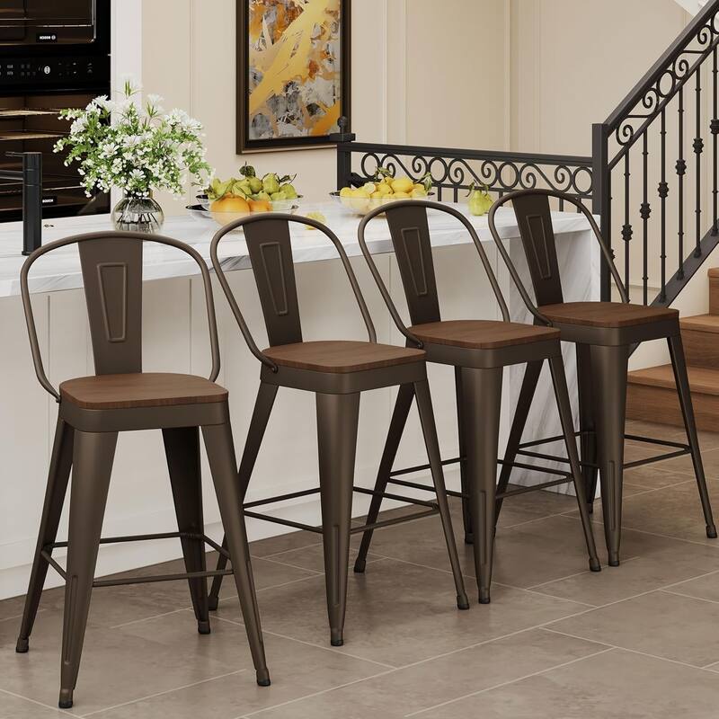 Counter Stools with Metal Frame Counter Height Bar stools with High Back 24" Kitchen Bar Furniture Stools with Wooden Seat