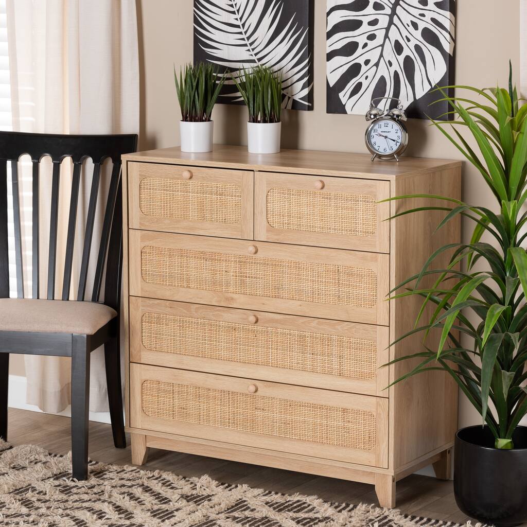 Elsbeth Mid-Century Modern Oak Brown Finished Wood and Natural Rattan 5-Drawer Storage Cabinet