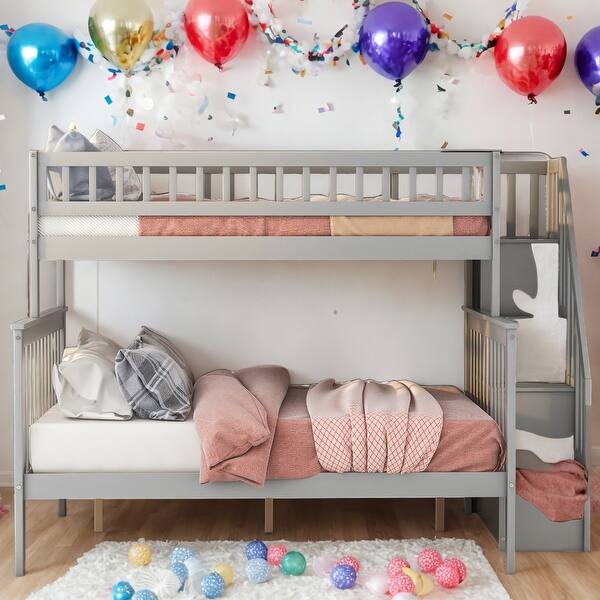 slide 2 of 18, Twin over Full Stairway Bunk Bed with Storage, Include Two Sizes Bed, with Shelves on the Side, Assembly Required, Gray Gray