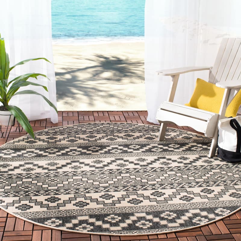 SAFAVIEH Veranda Rudy Indoor/ Outdoor Waterproof Patio Backyard Rug - 6'7" Round - Grey/Beige