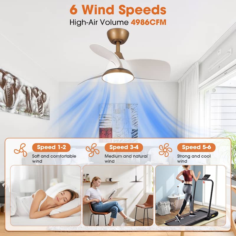 28" Black Modern Dimmable LED Ceiling Fan with Light and Remote