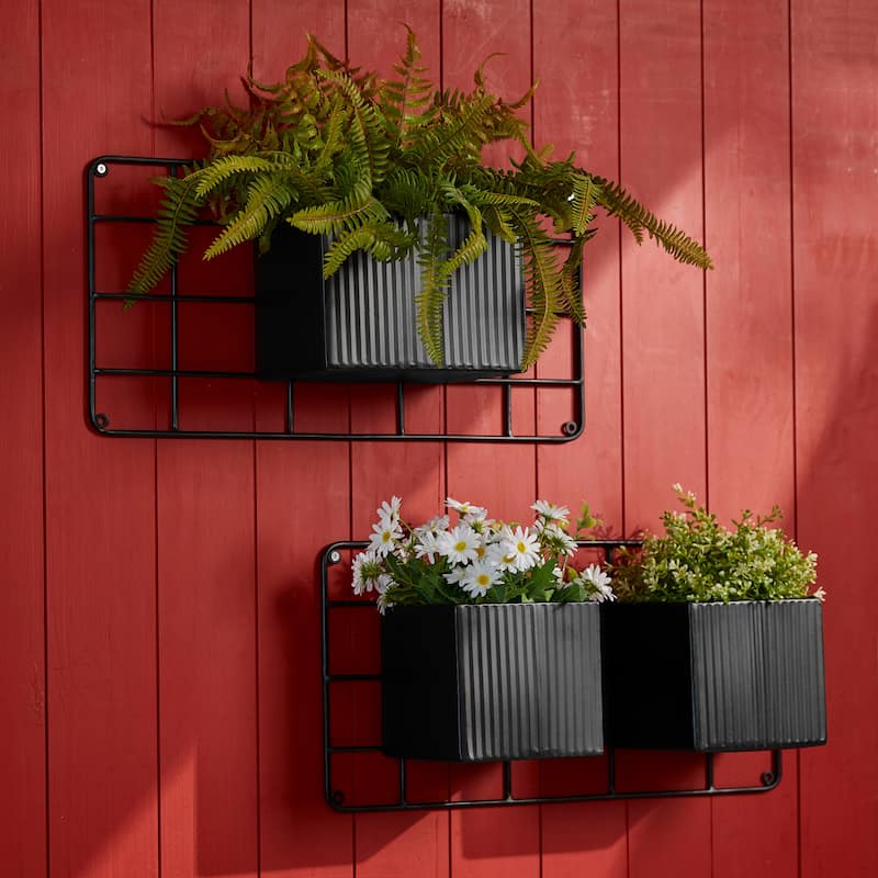 Glitzhome 20''L Black Metal Wall Planters with 3 Pots Hanging Plant Holder