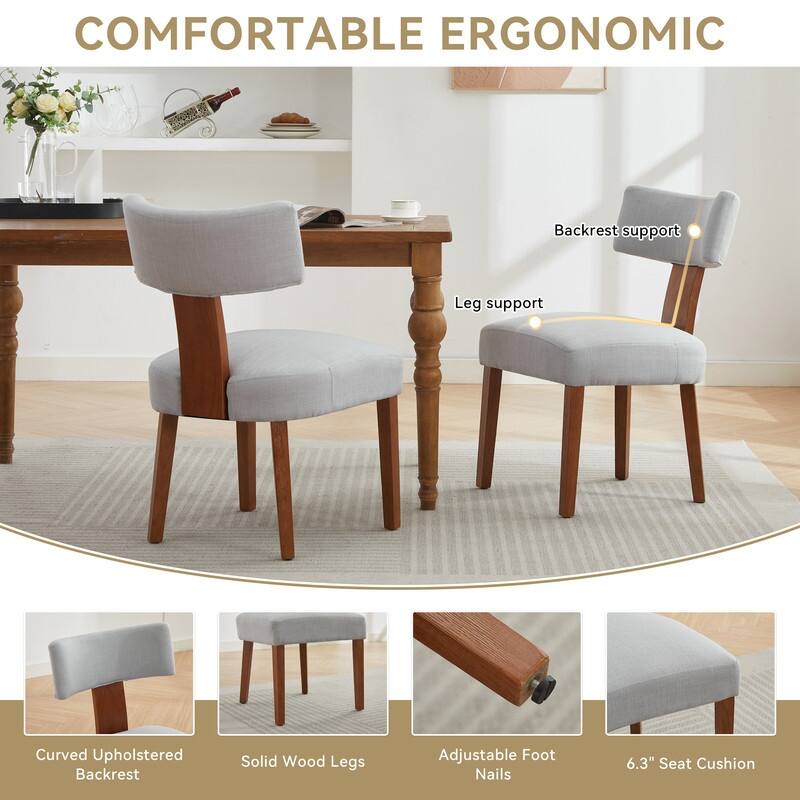 Set of 2 Linen Fabric Modern Armless Dining Chairs With Curved backrest and Solid Wooden Legs for Dining Room Living Room