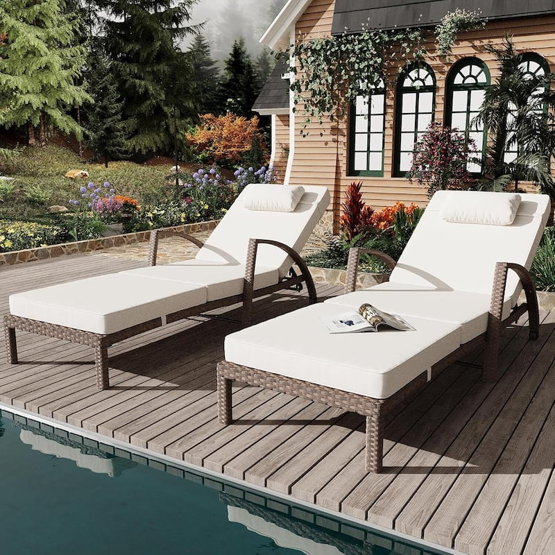 2-Piece Outdoor Rattan Patio Folding Chaise Lounge with Adjustable Backrest for Poolside, Backyard, Deck - Beige