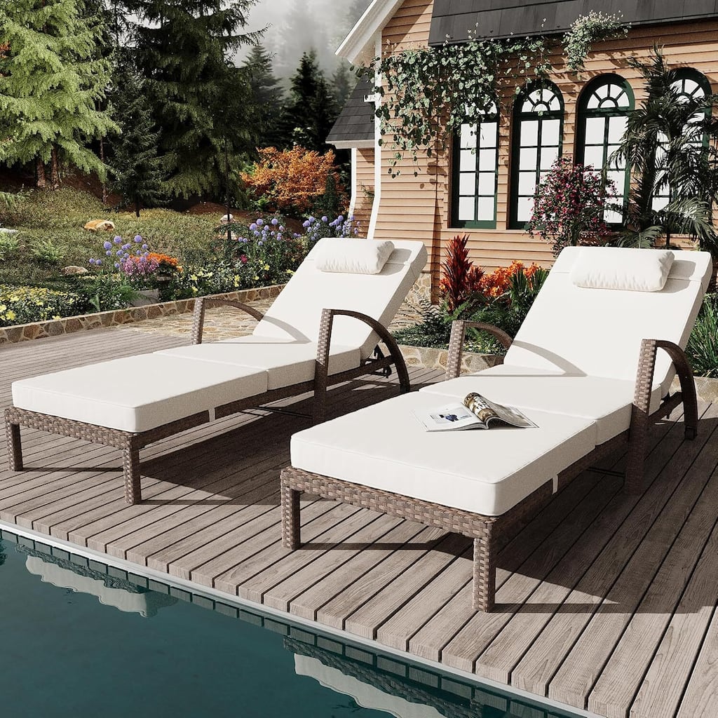 2-Piece Outdoor Rattan Patio Folding Chaise Lounge with Adjustable Backrest for Poolside, Backyard, Deck