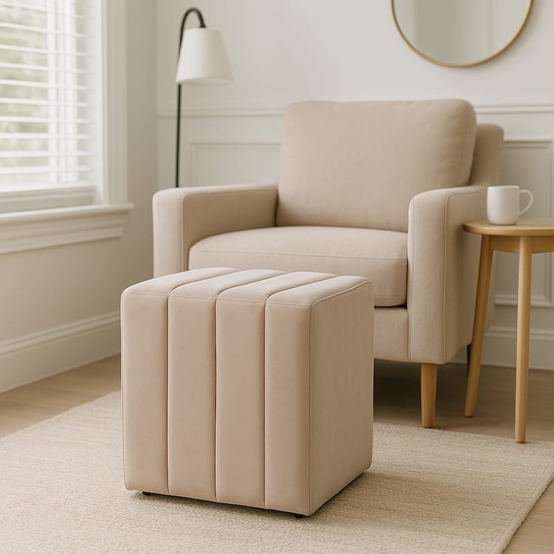 Square Upholstered Ottoman - Compact Pouf Footstool - 19", Tan