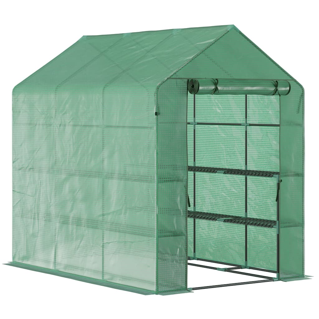 7ft x 5ft Walk-in Greenhouse with PE Cover, 3-Tier Shelves, Steel Frame, Roll-Up Zipper Door for Plants