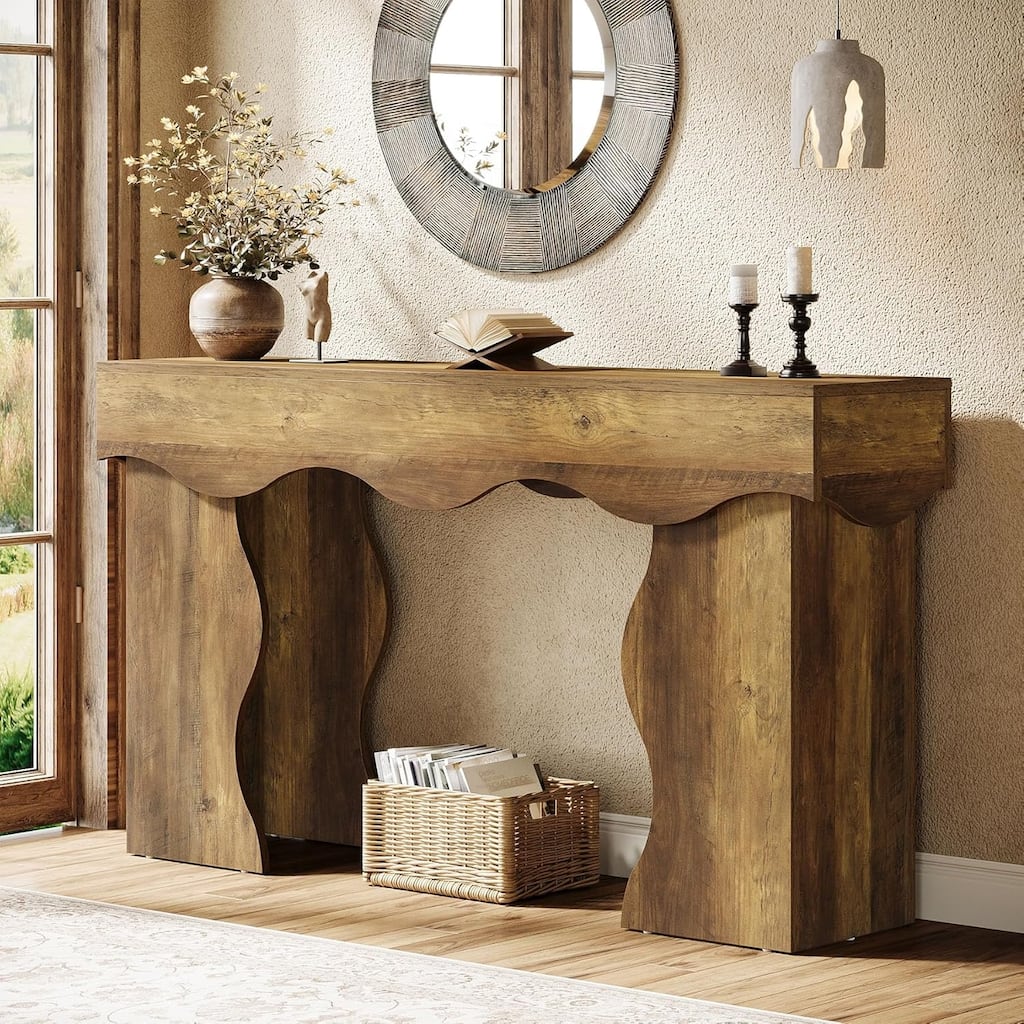55.1" Farmhouse Console Sofa Tables, Entryway Table with Wavy Line Design