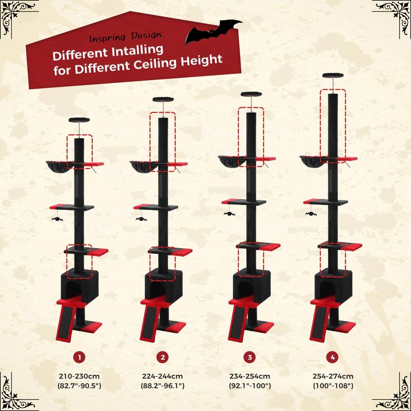 Adjustable Height Floor to Ceiling 5-Tier Tall Cat Tree Tower for Indoor Cats with Cat Condo, Cat Scratching Post and Cat Ladder