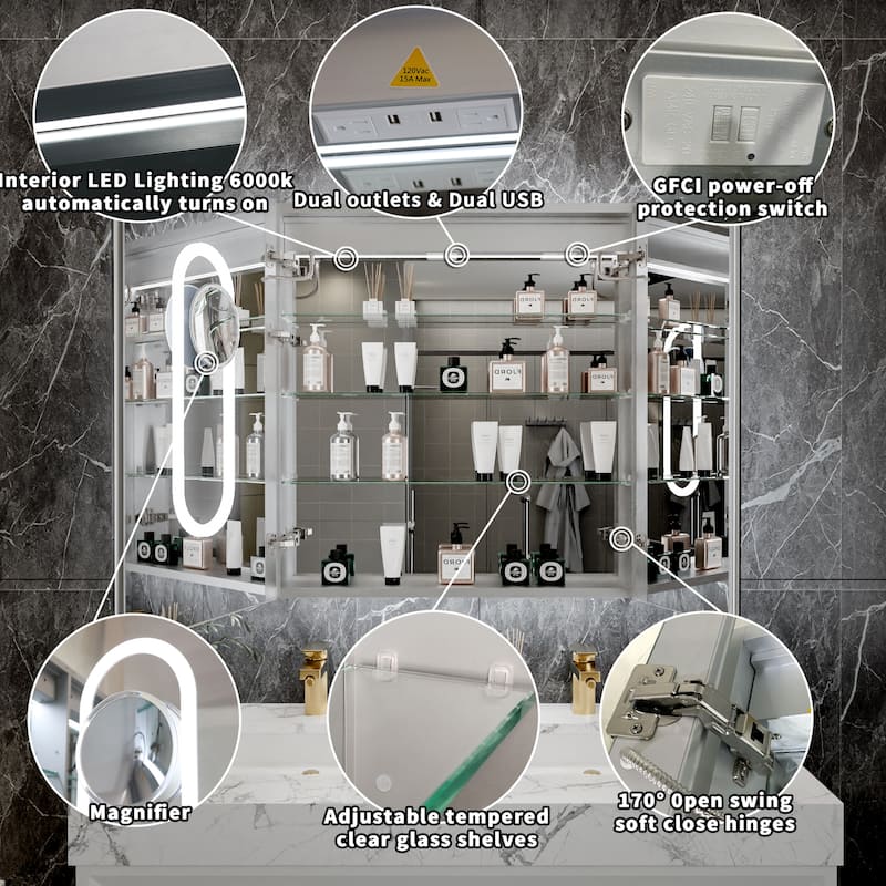 Modland 30"-48"W x 32"H Medicine Cabinet LED Mirrored Wall Mounted Bathroom Mirror with Storage