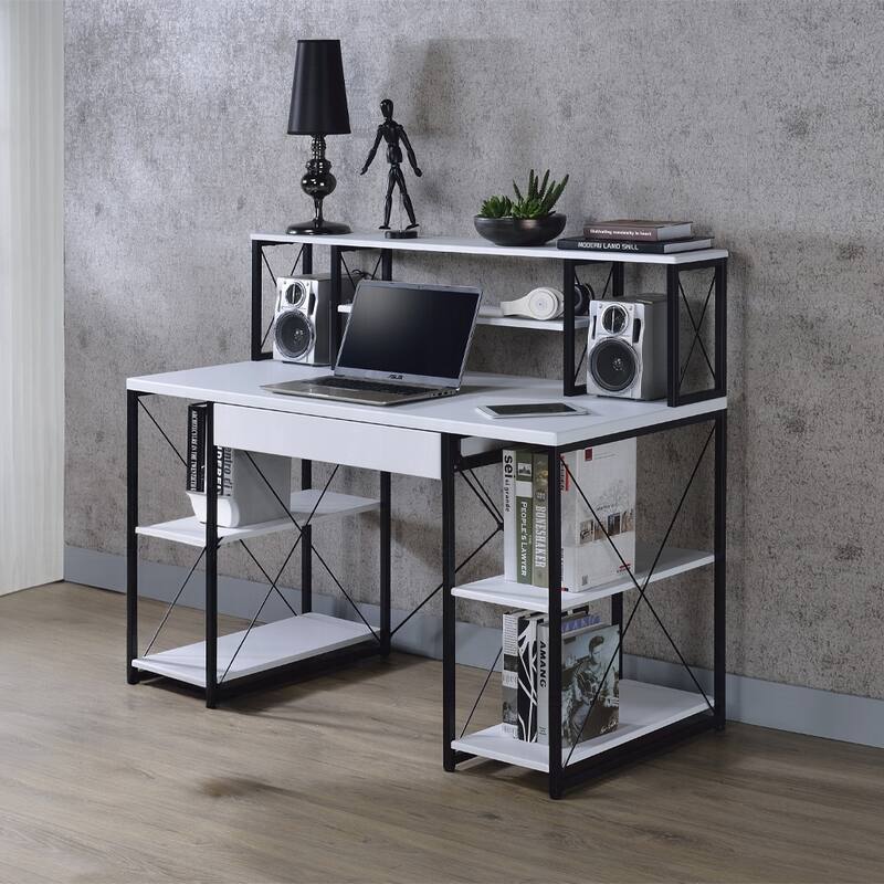 Writing Desk with One Drawer and 8 Open Compartment, Black - White