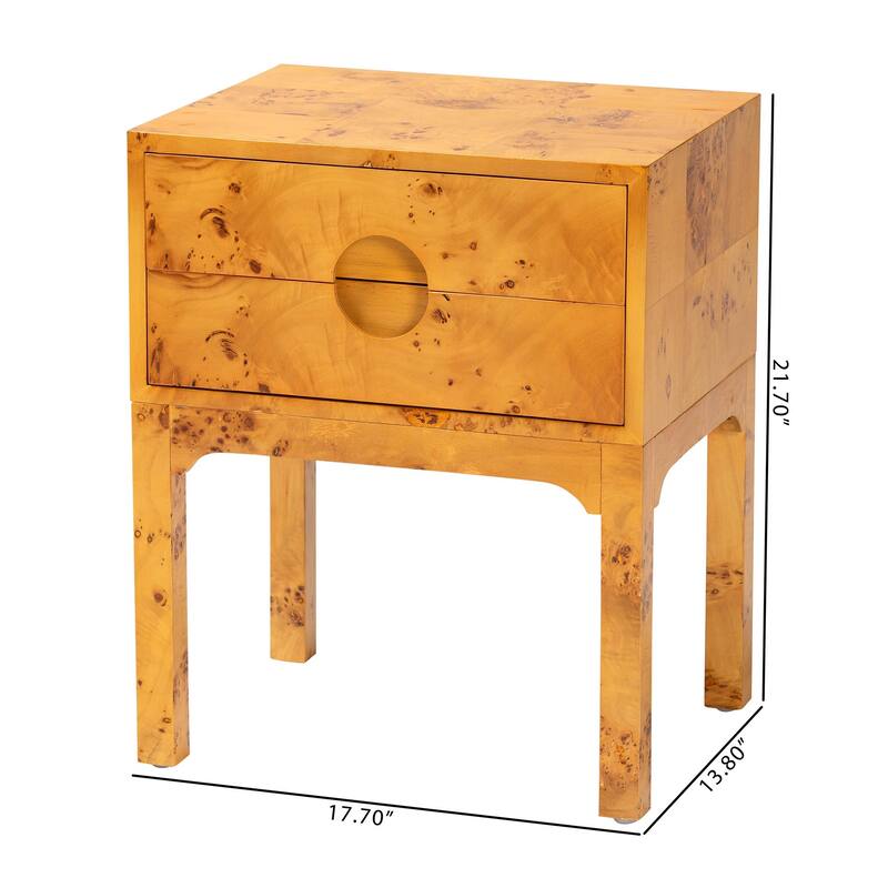 Kayla Modern and Contemporary Natural Light Mappa Real Burl Wood 2-Drawer Nightstand