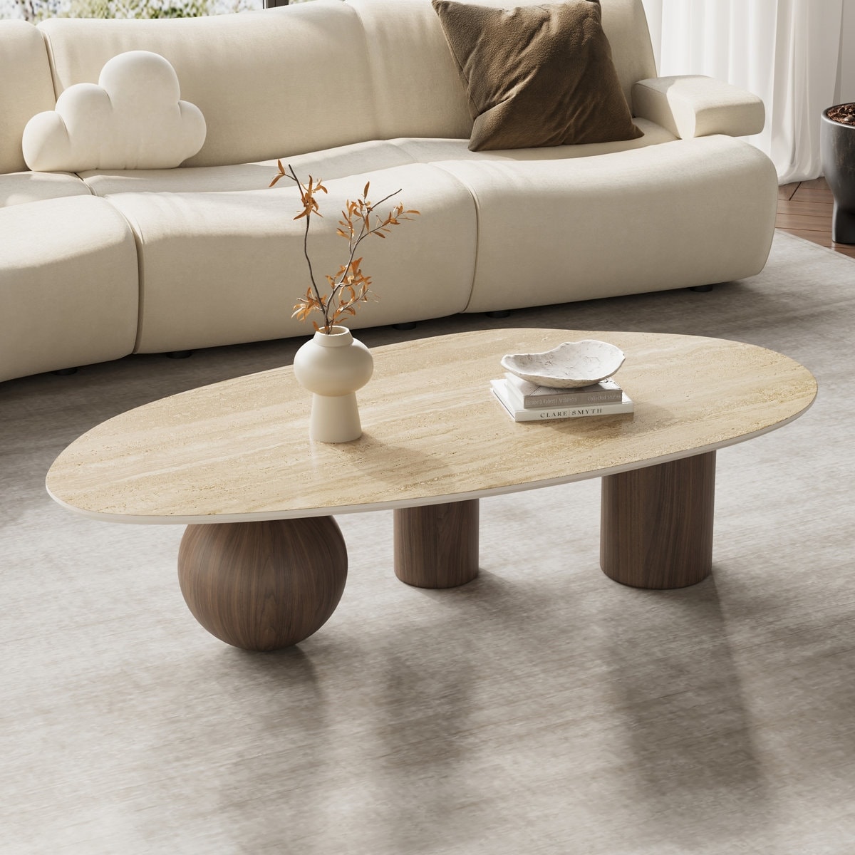 Modern 54" Coffee Table, White Sintered Stone Table-top, 3 Stainless Steel legs, Free form