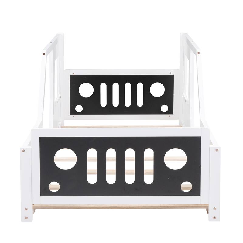 Classic White Twin-Size Car-Shaped Platform Bed with Decorative Wheels