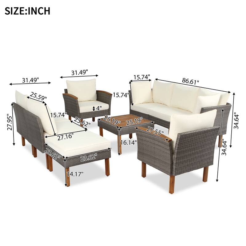 9-Piece PE Rattan Sectional Set with Acacia Legs & Coffee Table