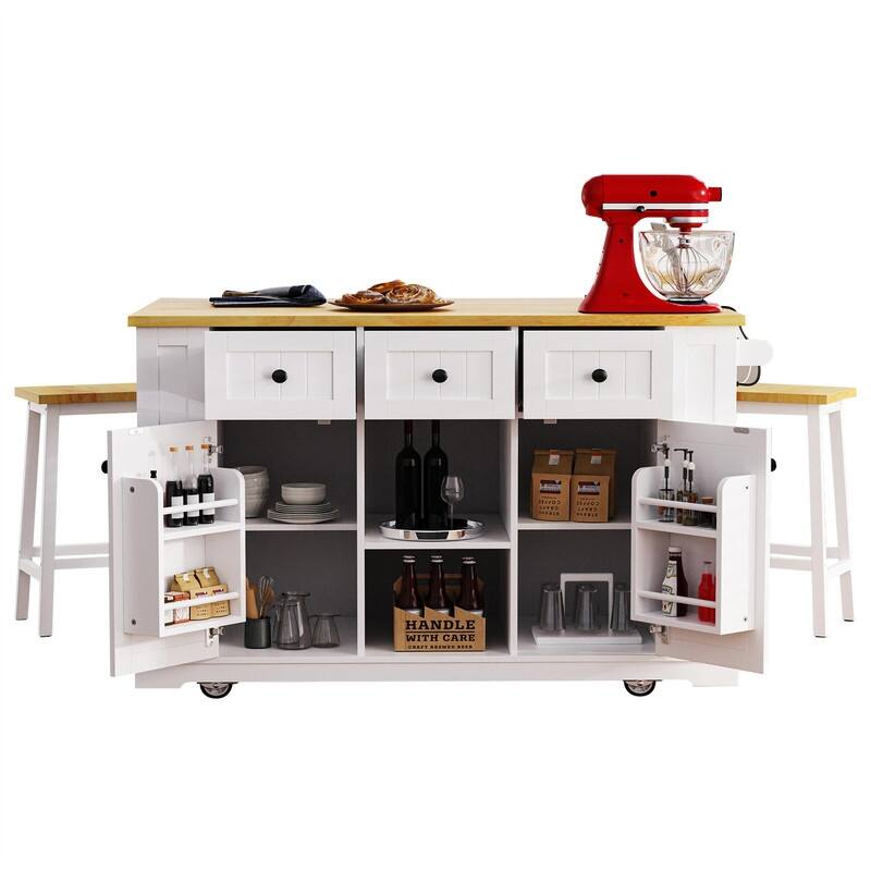 3-Piece/1 Piece Kitchen Island Set with/without 2 Bar Stools, Kitchen Cart on Wheels with 3 Drawers, Drop Leaf & Open Side Racks