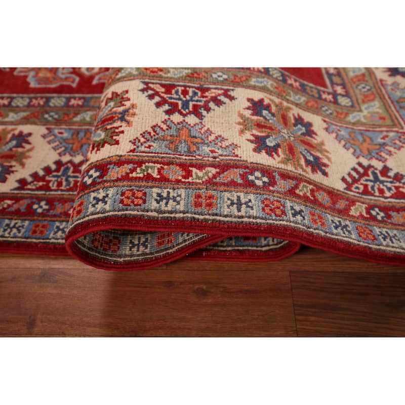 Red Geometric Kazak Area Rug Hand-Knotted Traditional Wool Carpet - 4'10" x 6'9"