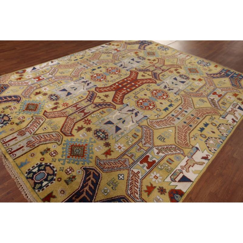 All-Over Geometric Kazak Oriental Area Rug Hand-Knotted Wool Carpet - 7'11"x 9'9"