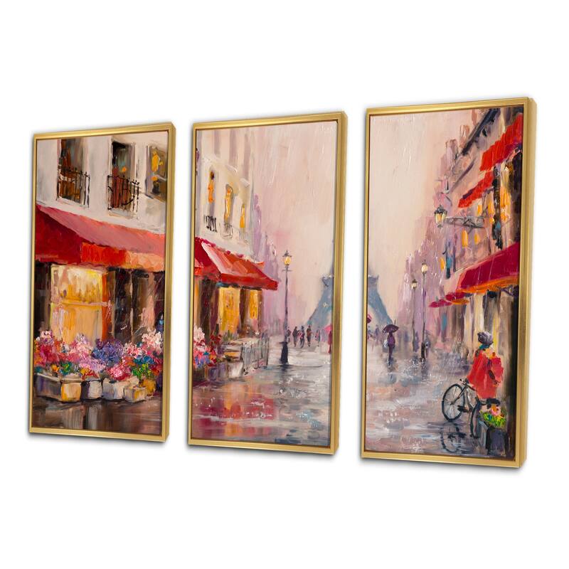 Designart "Lovers in Paris Eiffel Tower " Cityscape Framed Art Set of 3 - 4 Colors of Frames