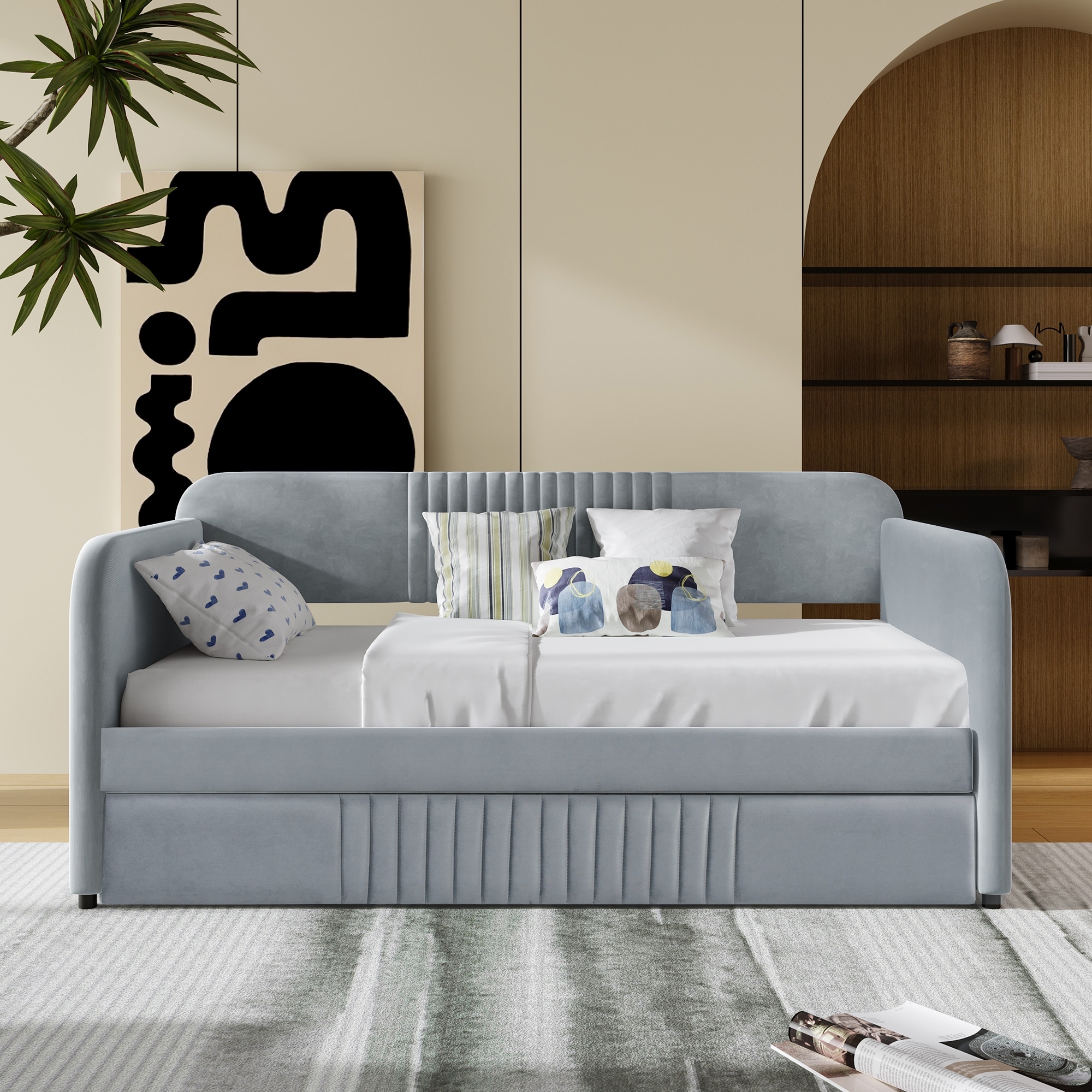 Elegant Design Twin Size Upholstered Daybed With Trundle and Wood