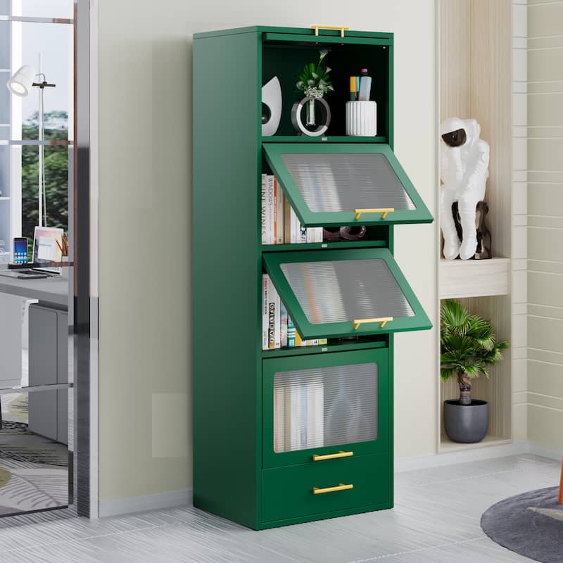 Freestanding Metal Display Storage Cabinet,Cupboard with Flip-up Acrylic Doors and Drawer - Green - 4-Tier