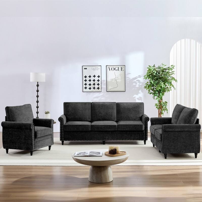Mixoy 3Piece Chenille Living Room Sofa Set,Modern 3-Seater Sofa Couch&Loveseat Sofa&Single Sofa Armchair Set,Unique Riveted Look