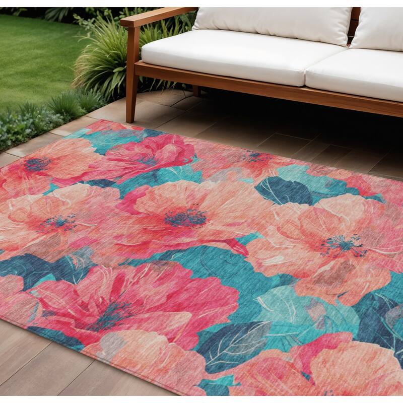 HomeRoots Floral Transitional Rectangle Outdoor Rug - Salmon/Blue - 8' X 10'