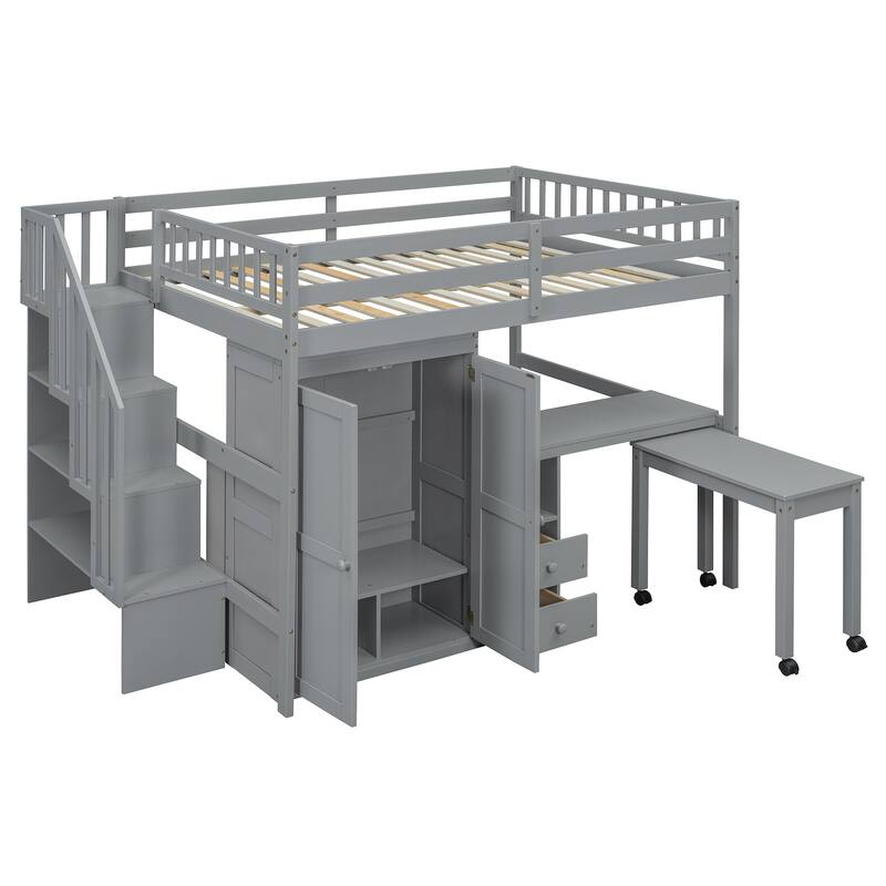 Full Size Loft Bed with Stairs, Bookshelf, Drawers, Desk & Wardrobe - Space-Saving Multifunctional Furniture for Kids & Teens