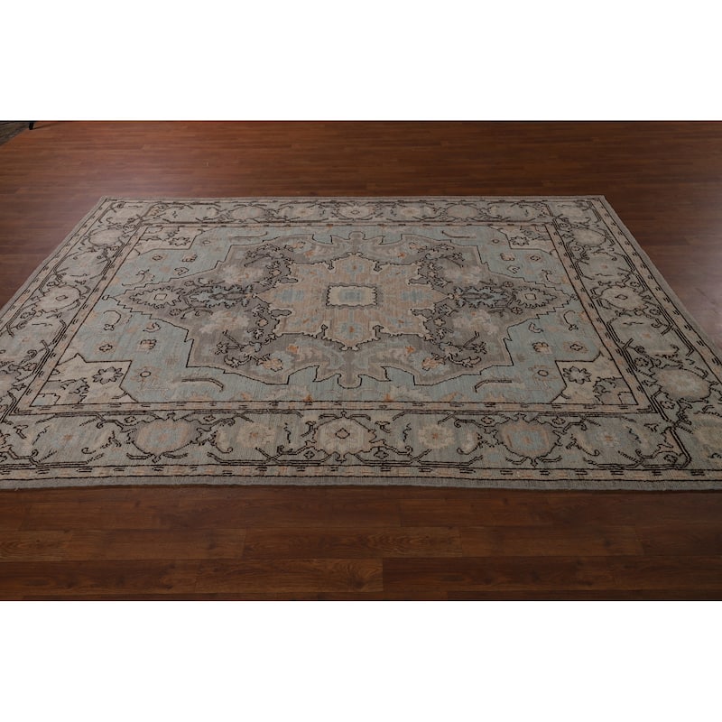Vegetable Dye Oushak Turkish Rug Blue Hand-Knotted Wool Carpet - 6'1"x 9'0"