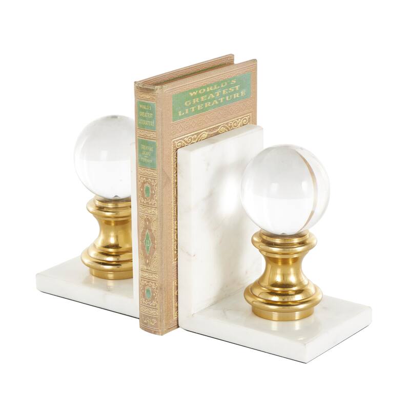 White Marble Decorative Bookends with Glass Orbs and Gold Accents (Set of 2)