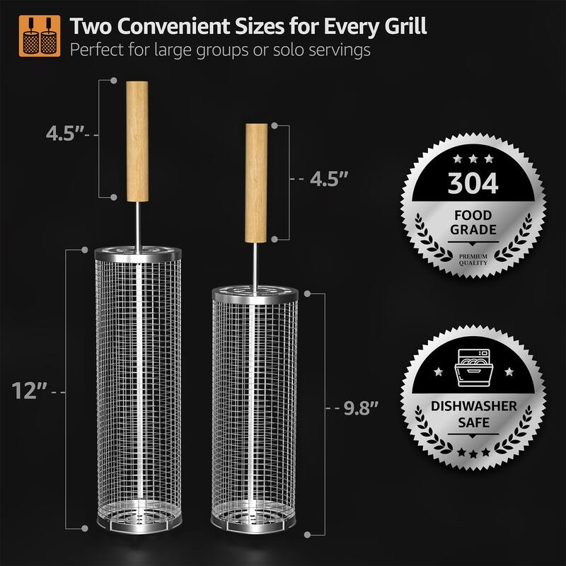 Sorbus Stainless Steel Rolling Barbecue Grilling Basket with Removable Handles - 2 Piece - 12" L x 3.75" W
