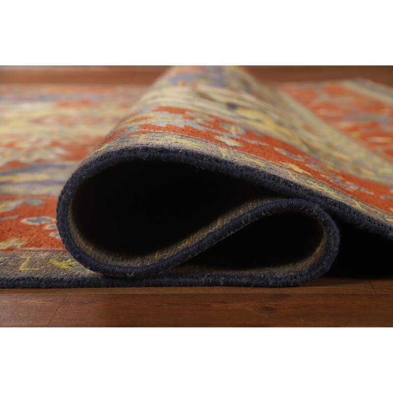 Hand Knotted Oriental 100% Wool Carpet Traditional Medallion Navy Blue & Blues Heriz (serapi) Area Rug - 14' 1'' X 9' 11''