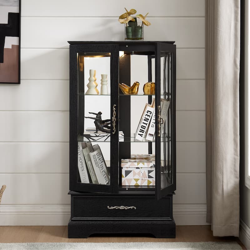 Elegant Lighted Curio Cabinet With Customizable Shelving - Two Glass Doors, Built-In Storage Drawer . - Black