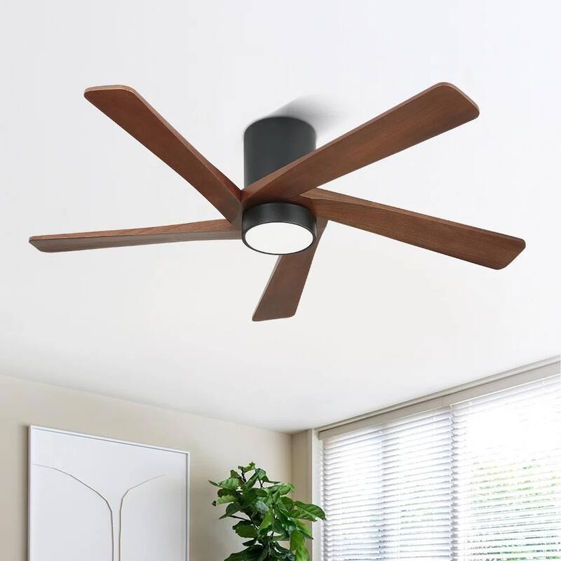 MLiAN 54" Solid Blades Indoor Flush Mount Ceiling Fan with Light Kit and Remote - 54'' - Black/Walnut