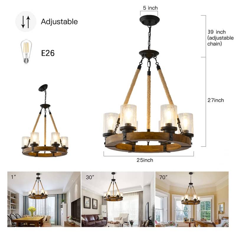 Farmhouse Wagon Wheel Chandelier,6 Light Round Wagon Wheel Chandelier - 25” in diameter x 27”