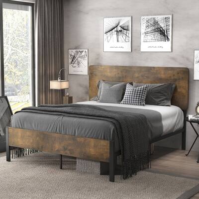 Full Size Metal Platform Bed Frame W/ Wooden Headboard, Black & Brown