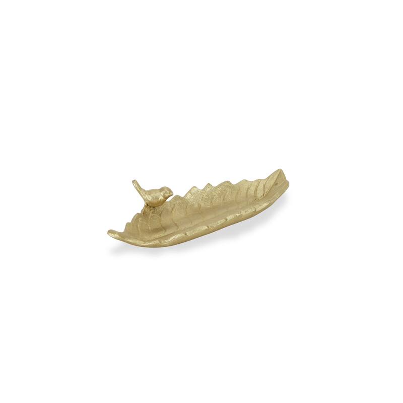 HomeRoots 10" Gold Cast Iron Leaf Vanity Tray - 9.50 in. x 1.50 in. x 4.00 in.