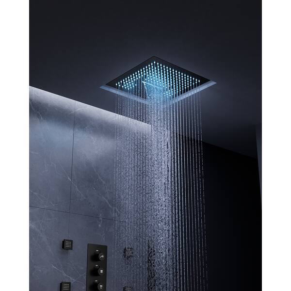 slide 2 of 46, EVERSTEIN LED Thermostatic Shower Faucet System 12" Rainfall Shower Head with 3 Way Valve and 6 Body Jets
