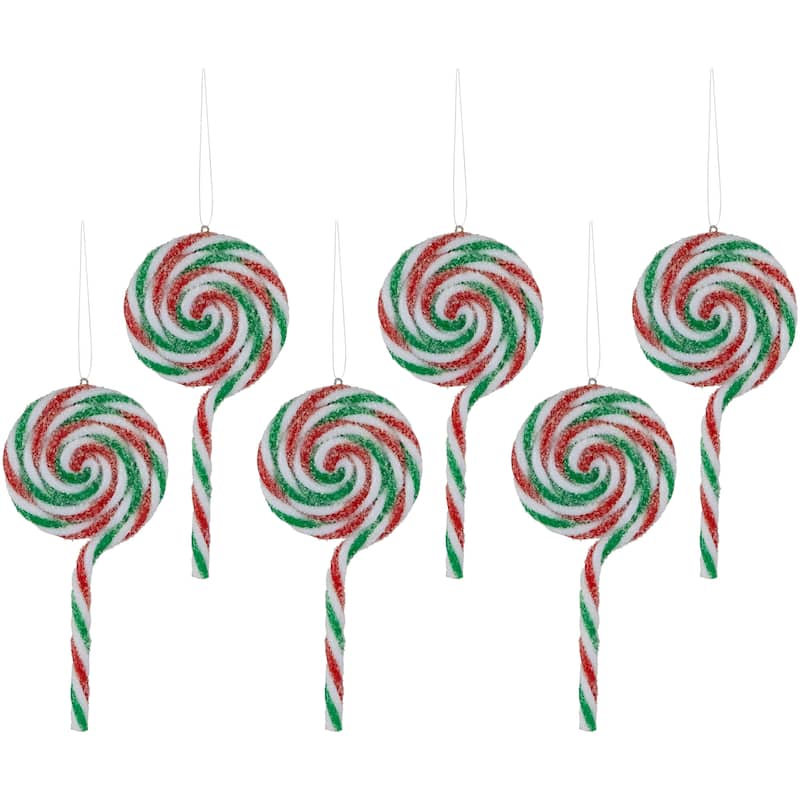 6ct Frosted White, Green and Red Lollipop Christmas Ornaments 7"