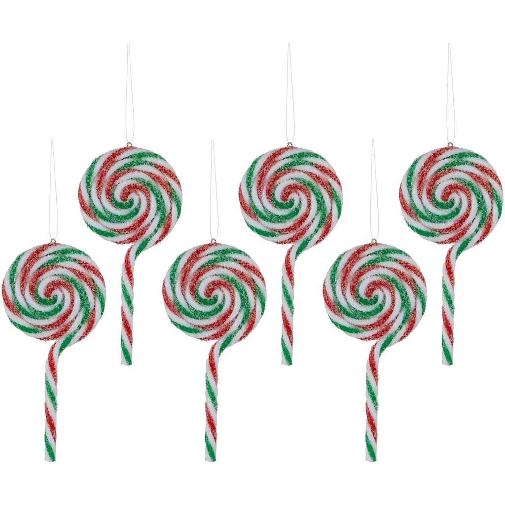 6ct Frosted White, Green and Red Lollipop Christmas Ornaments 7"