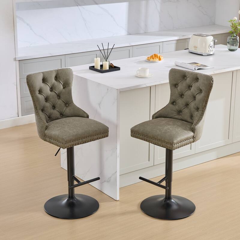 Swivel Barstools Set of 2 Adjusatble Bar Stools w/ Tufted and Footrest
