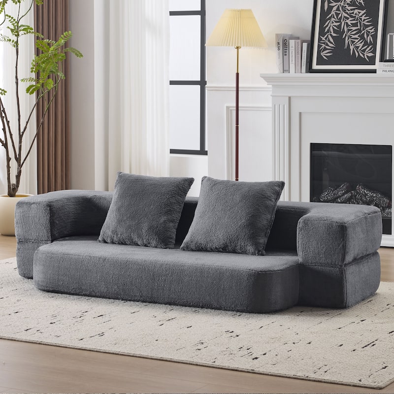 74.81" Faux Fur 3-in-1 3-Seater Floor Sofa, Converts to Bed with Memory Foam
