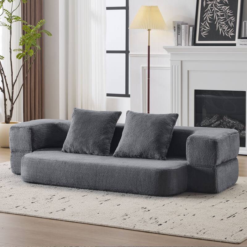 Transformable Sectional Sofa with 3 Ottomans - Fold-Out Bed, Light Grey Chenille Lounger in Faux Fur