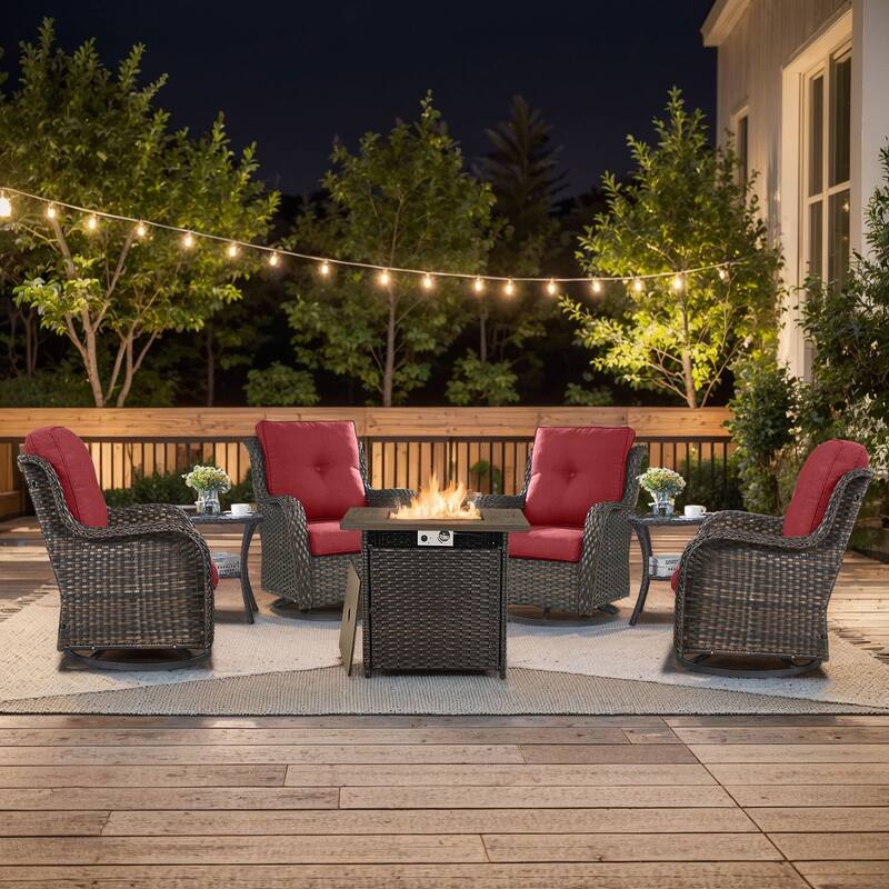 Pocassy 7 Pieces Fire Pit Table with Swivel Chairs Table - Brown Wicker Red Cushion - 7 Pieces Swivel Chair with Fire Table