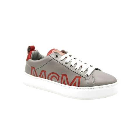 MCM Women's Grey Leather With Red Trim And Logo Low Top Sneaker MES9AMM16EG (37 EU / 7 US) - 37 EU / 7 US