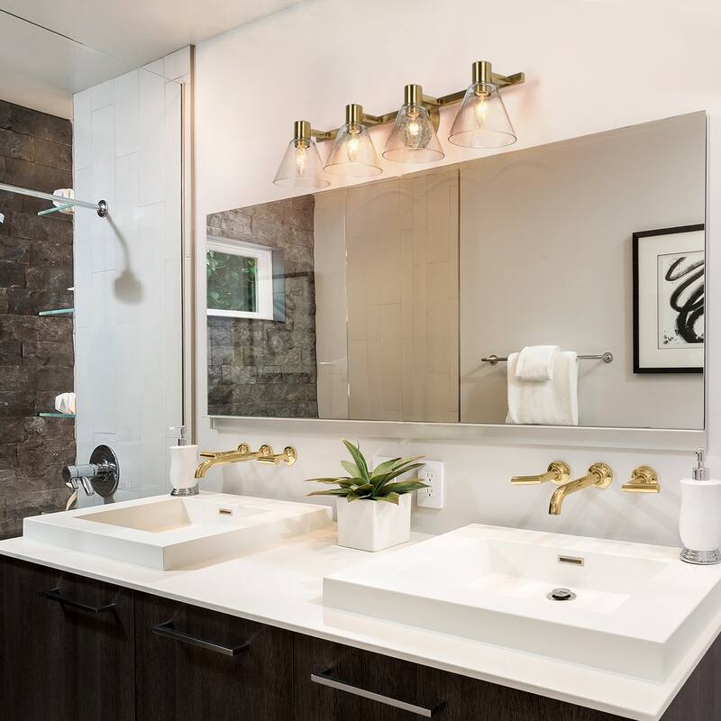 Veniya 4-light Modern Glam Gold Bathroom Vanity Light with Seeded Glass LED Dimmable Wall Sconce